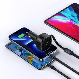 
2in1 USB-C + iPhone Lightning automobilinis įkroviklis, ištraukiamas laidas, 75cm, 30W - juodas
