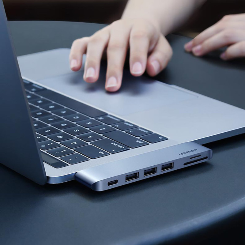 HUB adapteris, skirtas MacBook Pro / Air 2x USB-C iki 3x USB 3.0 / TF / SD / USB-C - pilka