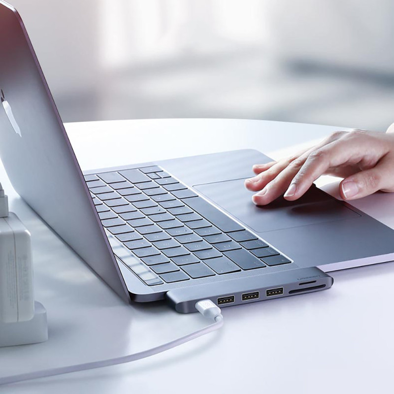 HUB adapteris, skirtas MacBook Pro / Air 2x USB-C iki 3x USB 3.0 / TF / SD / USB-C - pilka