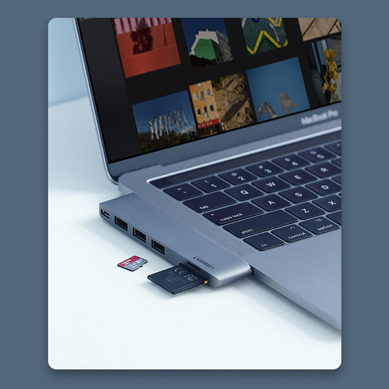 HUB adapteris, skirtas MacBook Pro / Air 2x USB-C iki 3x USB 3.0 / TF / SD / USB-C - pilka