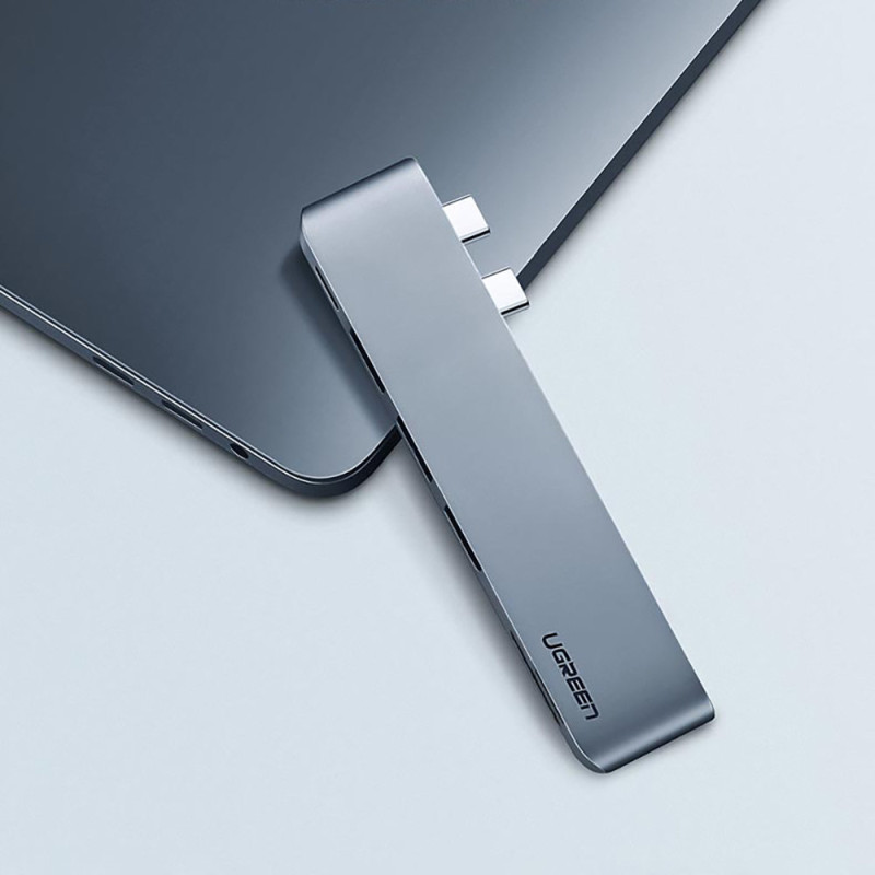 HUB adapteris, skirtas MacBook Pro / Air 2x USB-C iki 3x USB 3.0 / TF / SD / USB-C - pilka