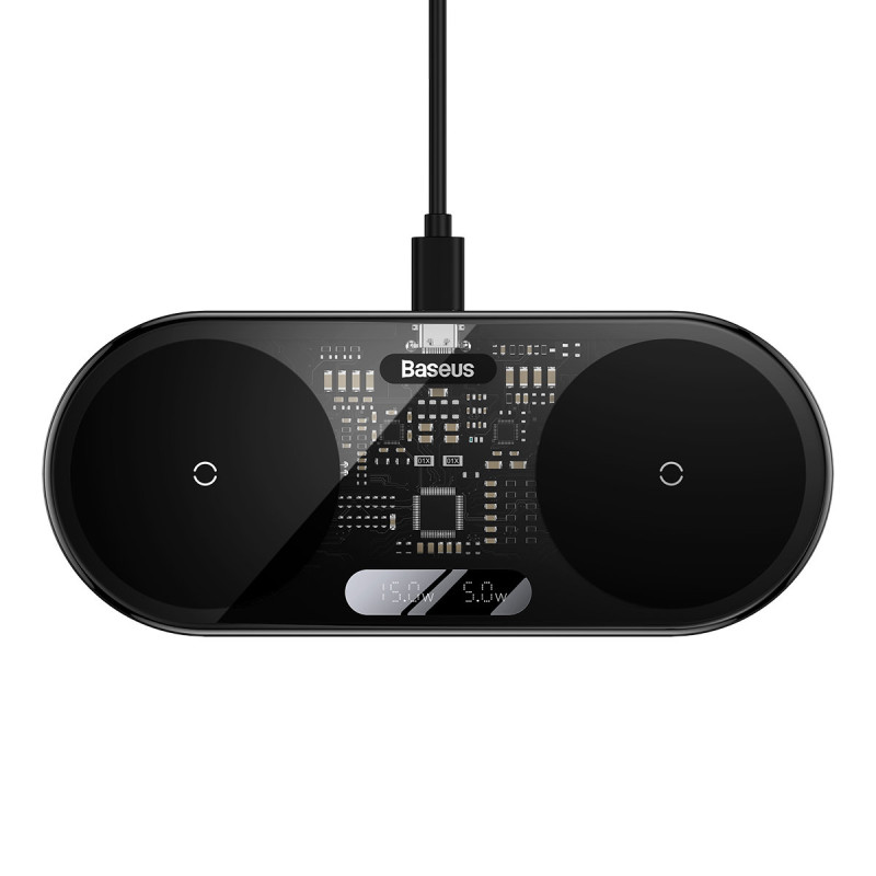 
Dvigubas QI belaidis įkroviklis su ekranu USB-C 20W - juodas
