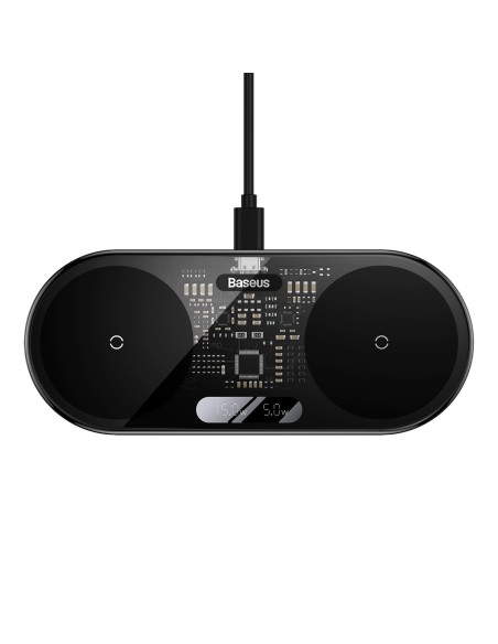 
Dvigubas QI belaidis įkroviklis su ekranu USB-C 20W - juodas
