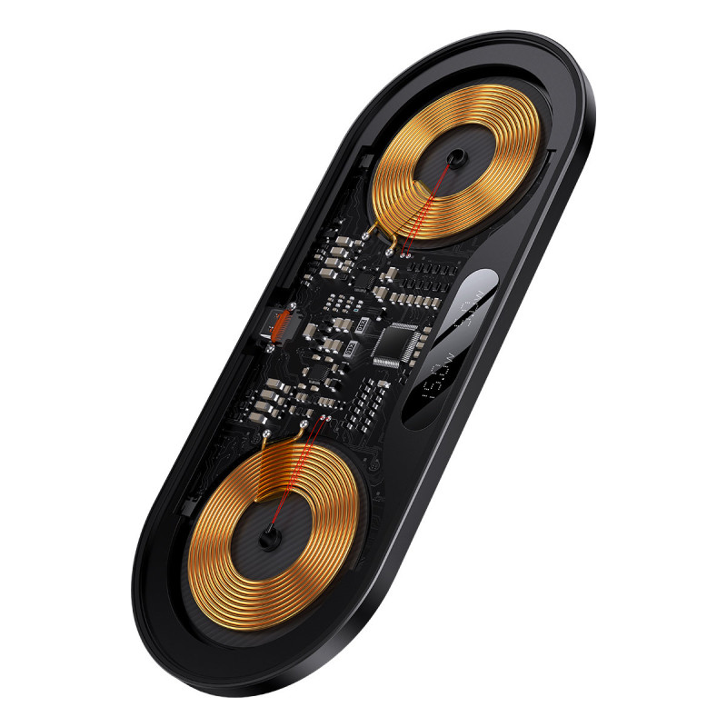 
Dvigubas QI belaidis įkroviklis su ekranu USB-C 20W - juodas
