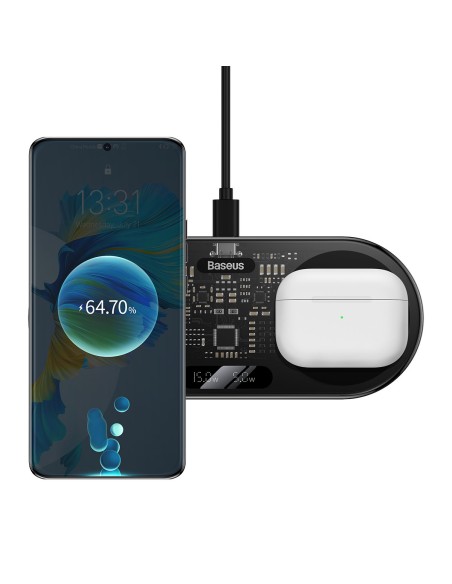 
Dvigubas QI belaidis įkroviklis su ekranu USB-C 20W - juodas
