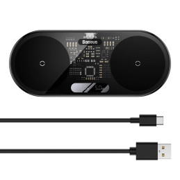 
Dvigubas QI belaidis įkroviklis su ekranu USB-C 20W - juodas
