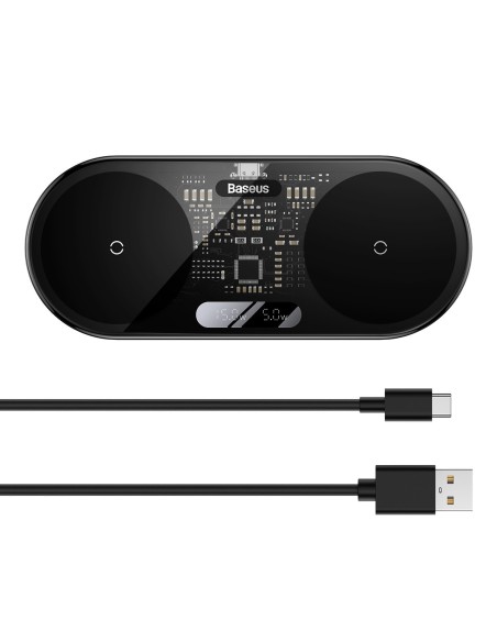 
Dvigubas QI belaidis įkroviklis su ekranu USB-C 20W - juodas
