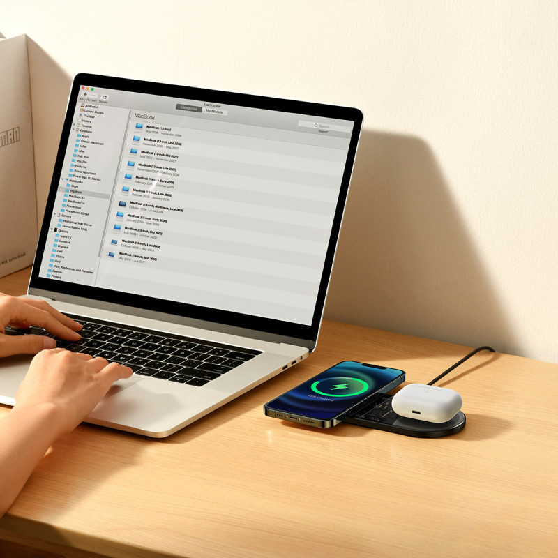 
Dvigubas QI belaidis įkroviklis su ekranu USB-C 20W - juodas
