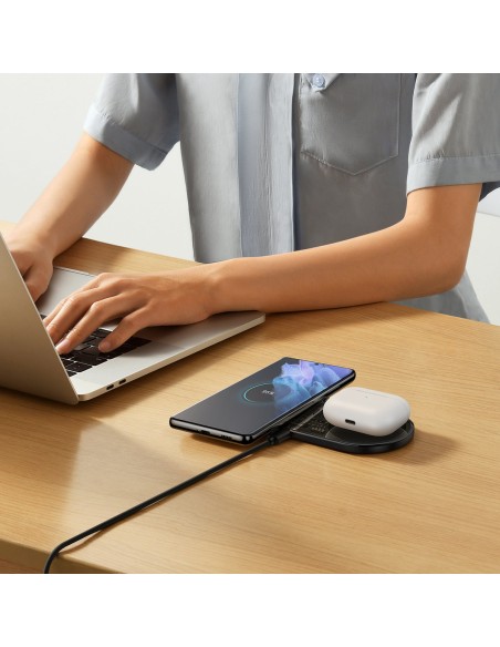 
Dvigubas QI belaidis įkroviklis su ekranu USB-C 20W - juodas
