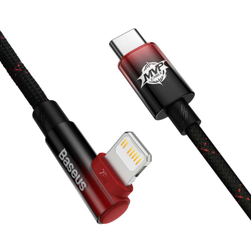 
MVP 2 kampinis kabelis su šoniniu USB-C / iPhone Lightning kištuku 2m - raudonas
