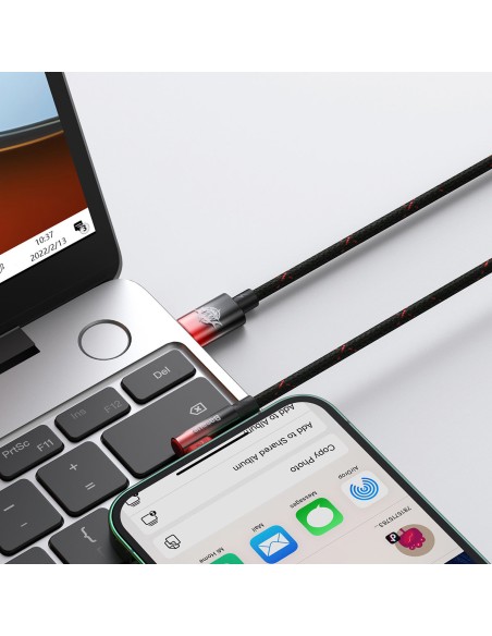 
MVP 2 kampinis kabelis su šoniniu USB-C / iPhone Lightning kištuku 2m - raudonas
