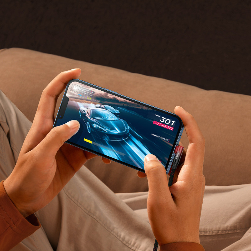 
MVP 2 kampinis kabelis su šoniniu USB-C / iPhone Lightning kištuku 2m - raudonas
