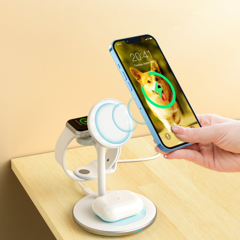 Apple T585-F 3in1 iPhone 12/ 13 AirPods Pro Watch įkrovimo stoties įkroviklis – baltas