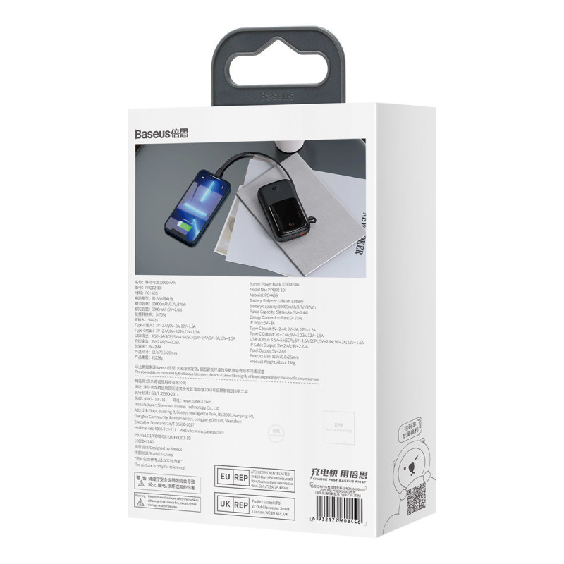 
Powerbank 10000mAh USB USB-C iPhone Lightning + USB-C laidas – juodas
