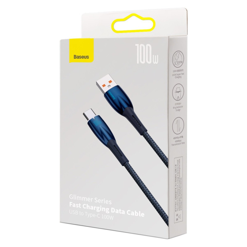 Blizgantis USB-A – USB-C greito įkrovimo laidas 1m – mėlynas
