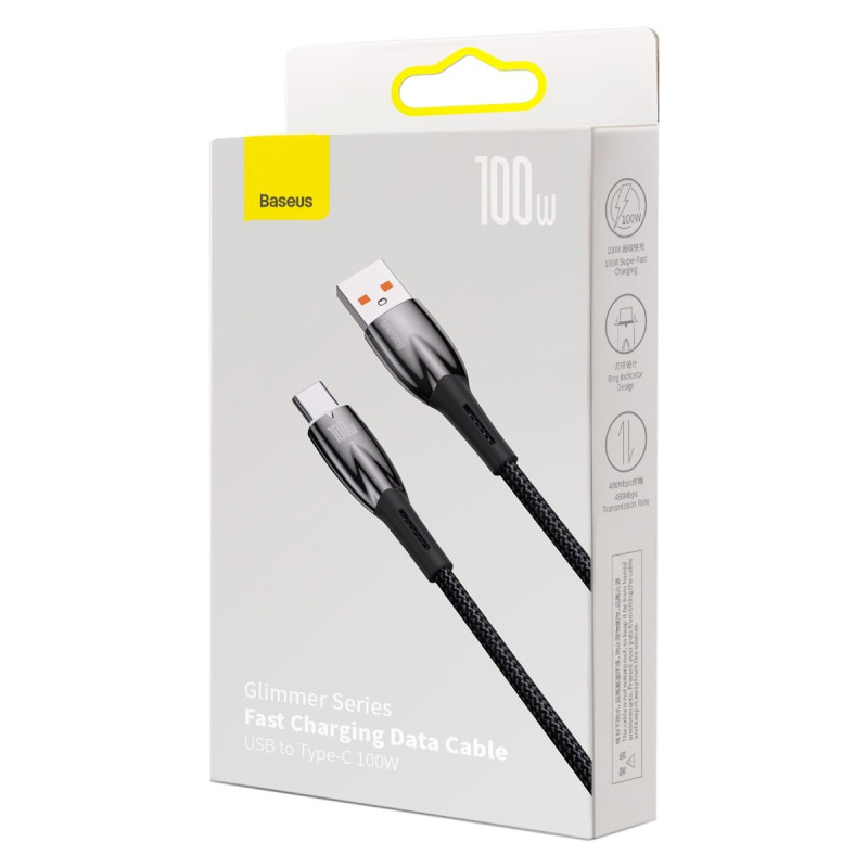 Blizgantis USB-A - USB-C greito įkrovimo laidas 2m - juodas