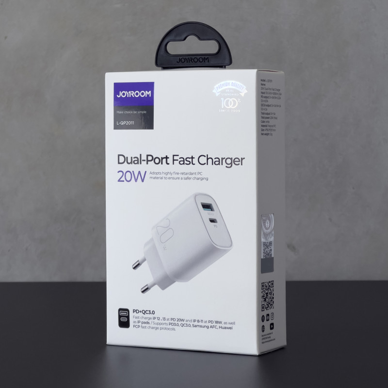Greitas USB-A QC3.0 / USB-C PD 20W įkroviklis – baltas