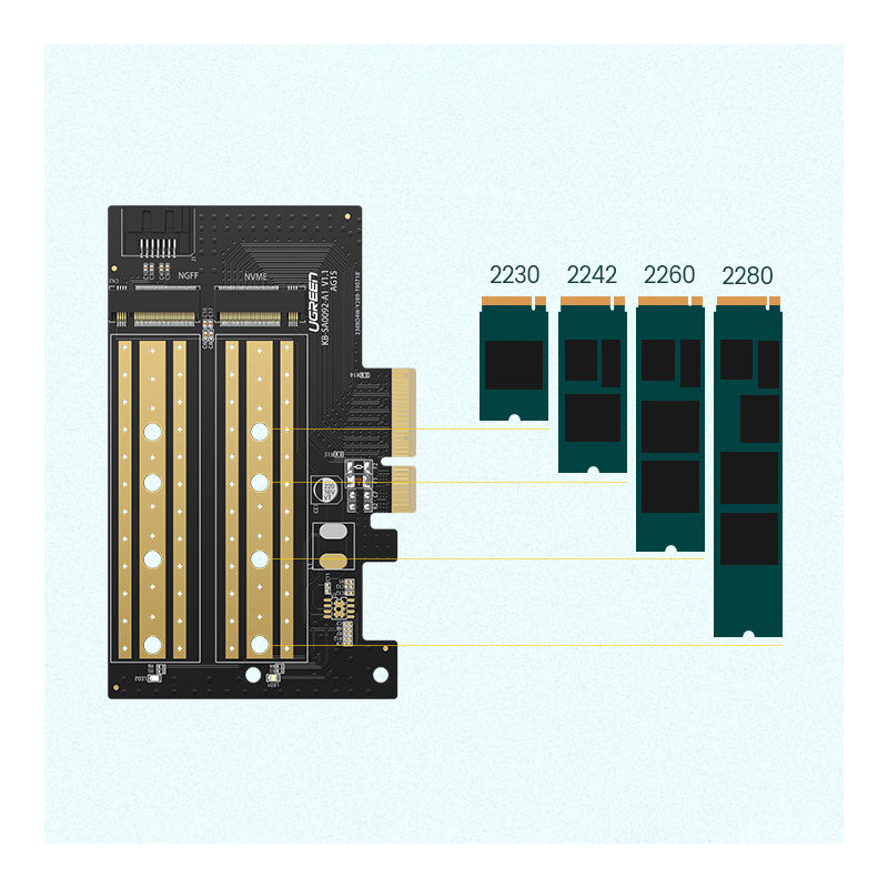 Išplėtimo kortelės PCIe 3.0 x4 adapteris papildomi du SSD lizdai M.2 M-Key ir M.2 B-Key