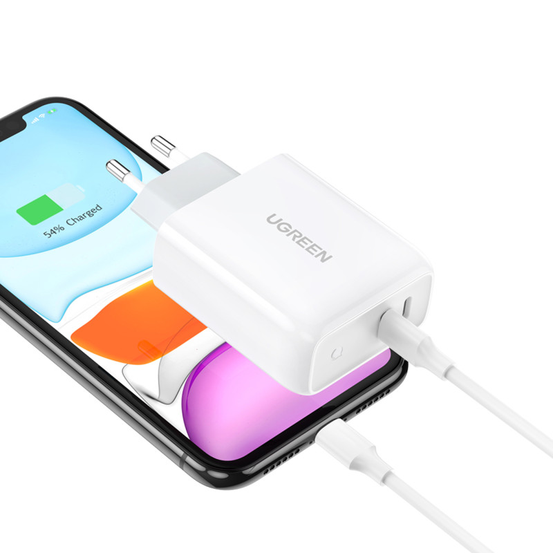 Mažas greitas telefono įkroviklis 2x USB-C PD 36W - baltas