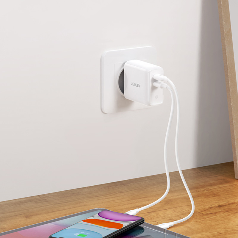 Mažas greitas telefono įkroviklis 2x USB-C PD 36W - baltas