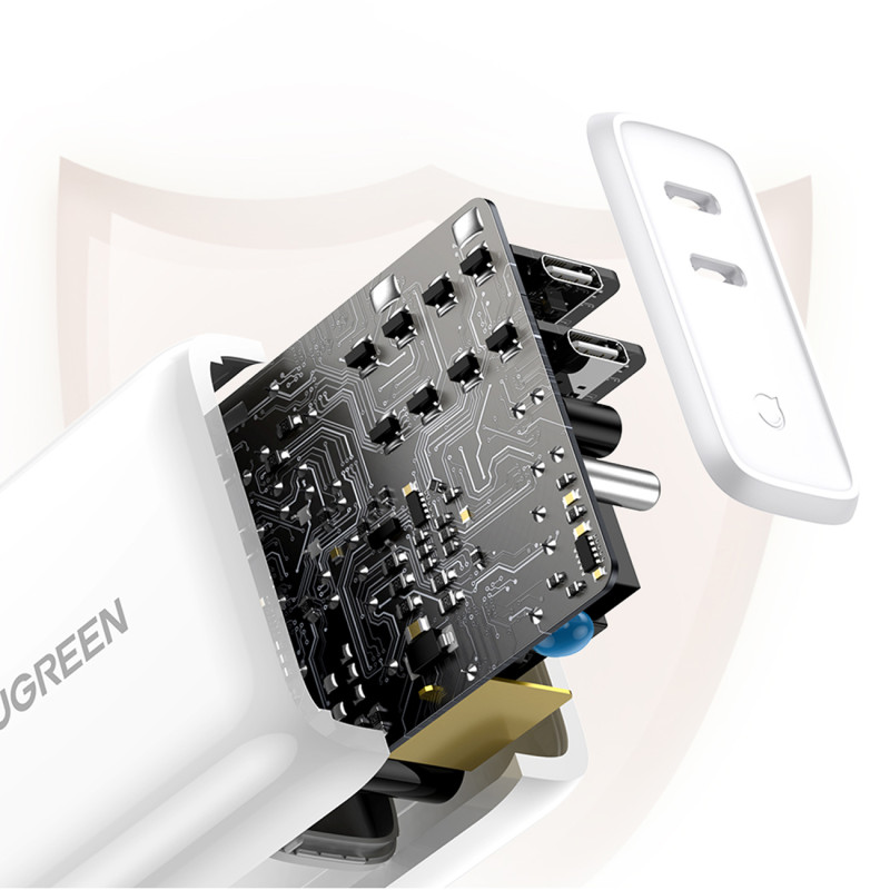 Mažas greitas telefono įkroviklis 2x USB-C PD 36W - baltas