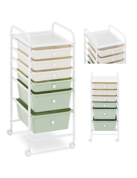 Kosmetikos vežimėlis kirpyklai ir vonios kambariui su 6 stalčiais 36 x 32 x 76 cm - kreminė žalia