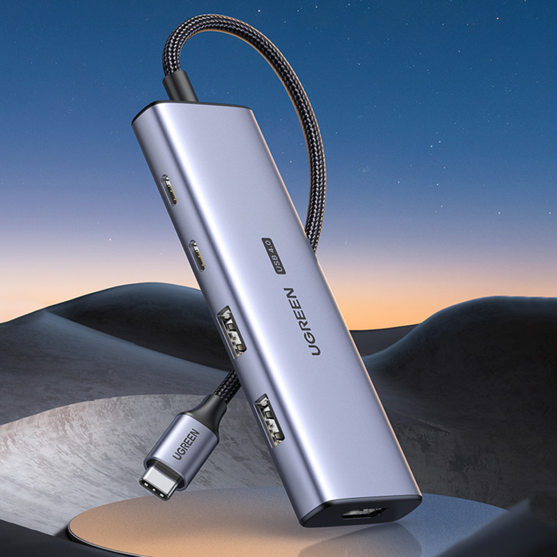 HUB USB-C prijungimo stotelė – HDMI / 2x USB C / 2x USB-A Ugreen CM500 - pilka
