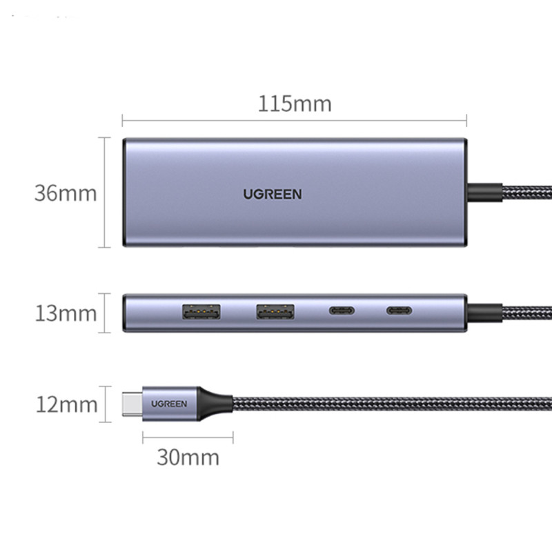 HUB USB-C prijungimo stotelė – HDMI / 2x USB C / 2x USB-A Ugreen CM500 - pilka