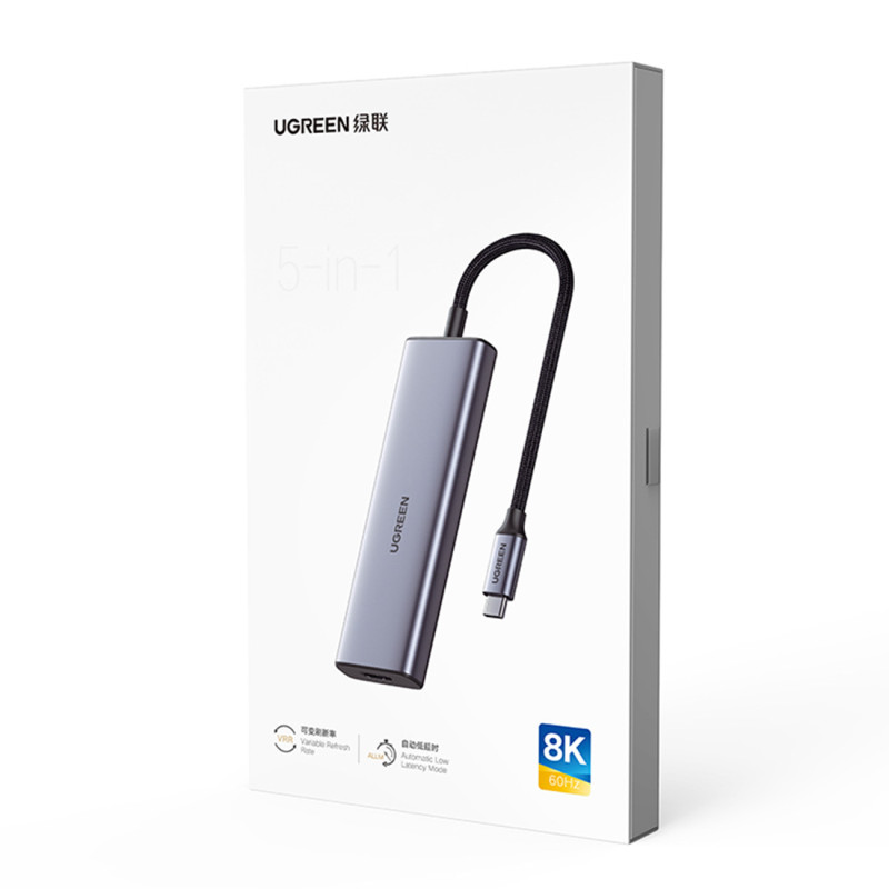 HUB USB-C prijungimo stotelė – HDMI / 2x USB C / 2x USB-A Ugreen CM500 - pilka