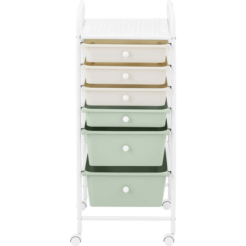 Kosmetikos vežimėlis kirpyklai ir vonios kambariui su 6 stalčiais 36 x 32 x 76 cm - kreminė žalia
