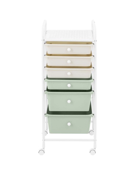 Kosmetikos vežimėlis kirpyklai ir vonios kambariui su 6 stalčiais 36 x 32 x 76 cm - kreminė žalia