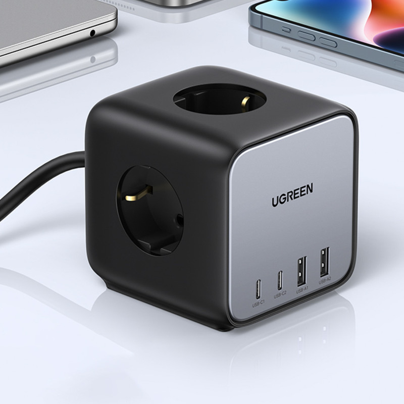 Įkroviklio maitinimo juostelė AC 240V GaN 2x USB-C 2x USB-A 3x AC 240V - juoda