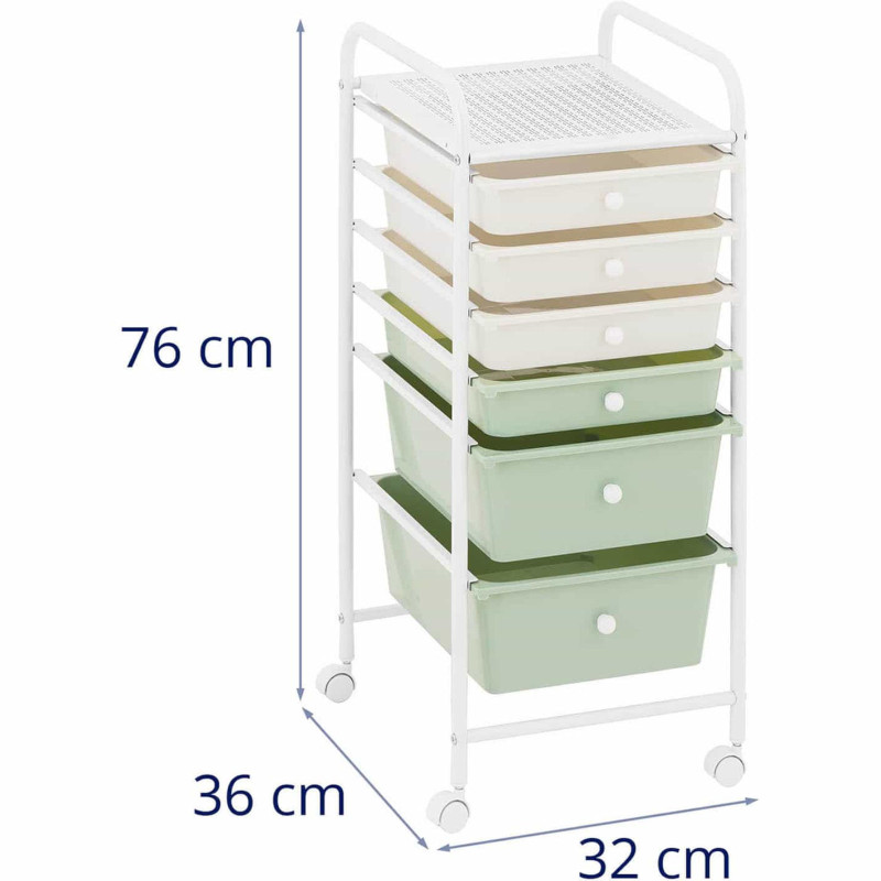 Kosmetikos vežimėlis kirpyklai ir vonios kambariui su 6 stalčiais 36 x 32 x 76 cm - kreminė žalia