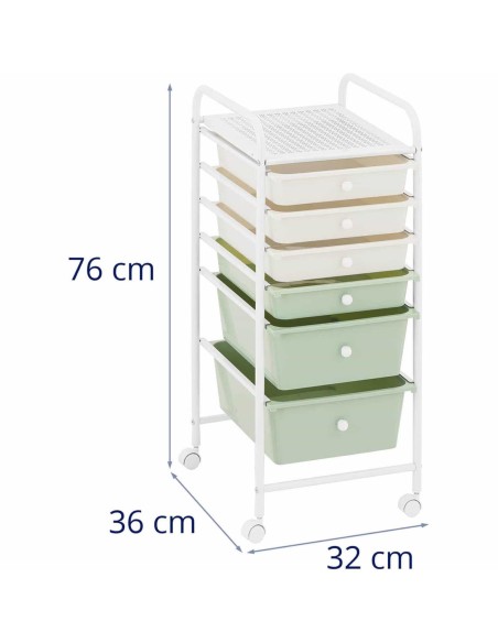 Kosmetikos vežimėlis kirpyklai ir vonios kambariui su 6 stalčiais 36 x 32 x 76 cm - kreminė žalia