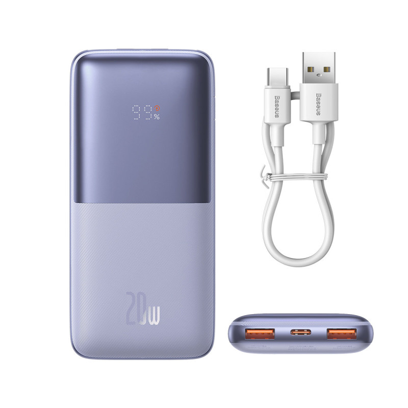 Powerbank Bipow Pro 10000mAh 20W su USB-C 3A 0,3m kabeliu violetinė