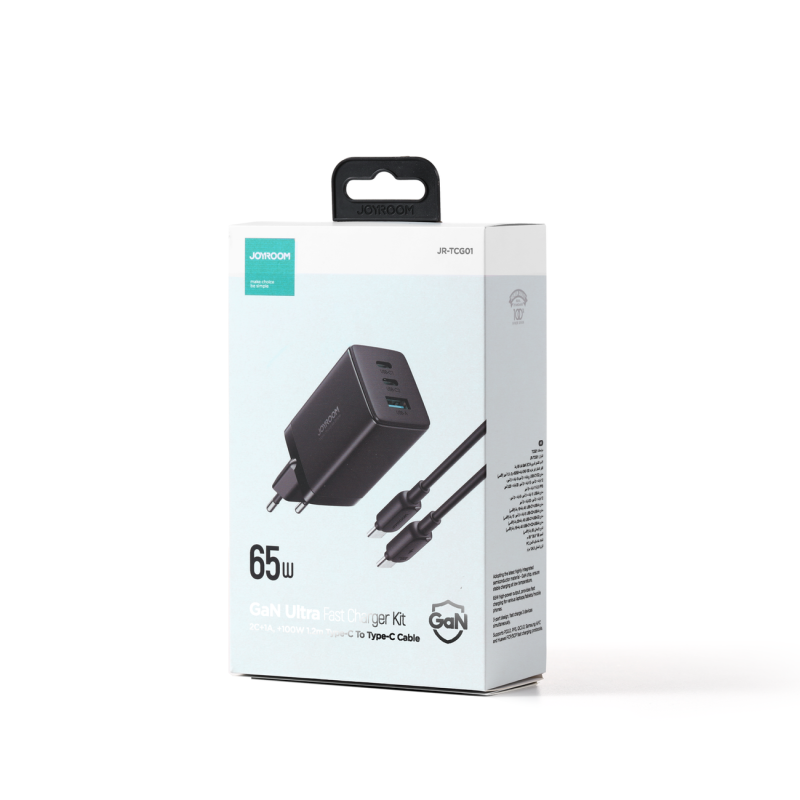 GaN USB greitas įkroviklis 2x USB-C + USB-C laidas 1,2m - juodas