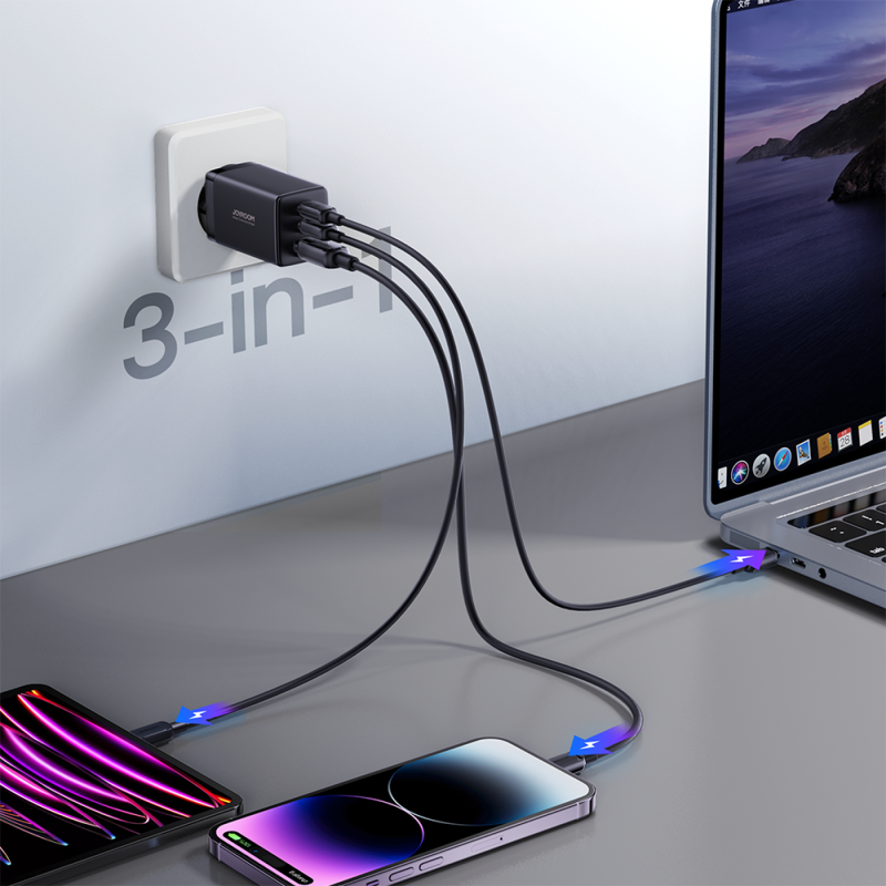 GaN USB greitas įkroviklis 2x USB-C + USB-C laidas 1,2m - juodas