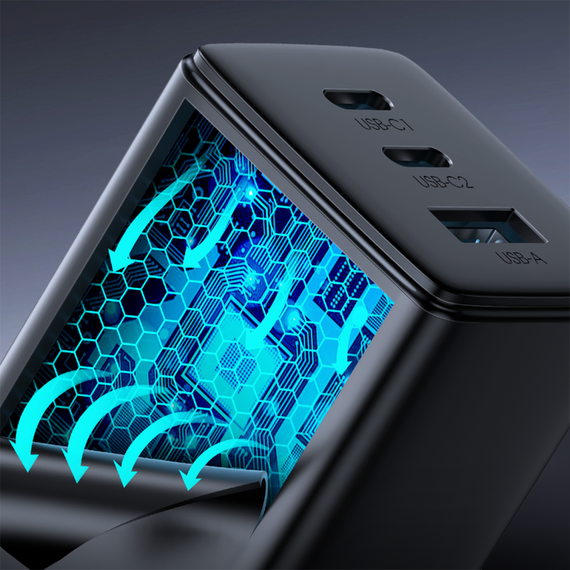 GaN USB greitas įkroviklis 2x USB-C + USB-C laidas 1,2m - juodas