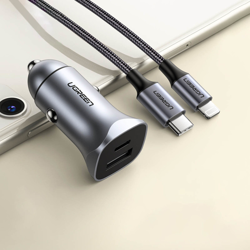 Greitas USB-A ir USB-C 30W PD PPS automobilinis įkroviklis – pilkas