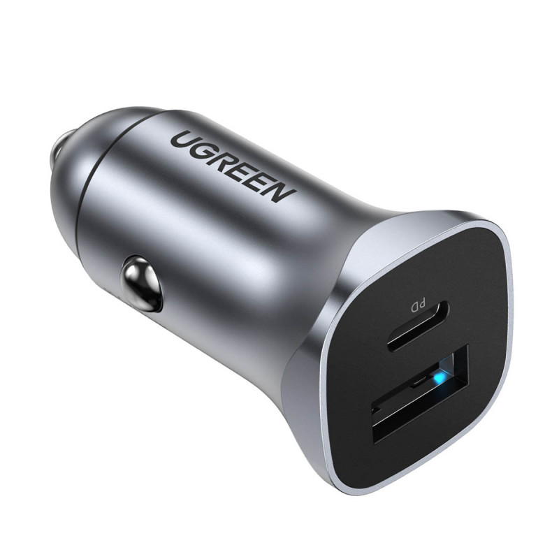 Greitas USB-A ir USB-C 30W PD PPS automobilinis įkroviklis – pilkas
