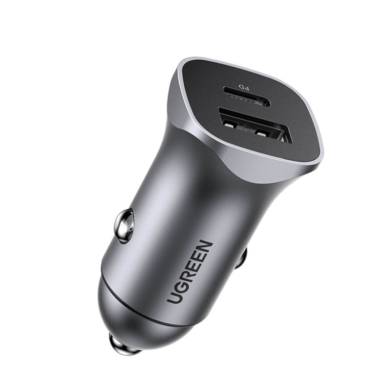 Greitas USB-A ir USB-C 30W PD PPS automobilinis įkroviklis – pilkas