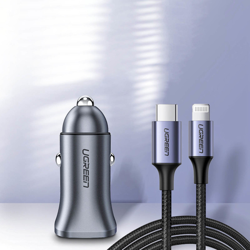 Greitas USB-A ir USB-C 30W PD PPS automobilinis įkroviklis – pilkas