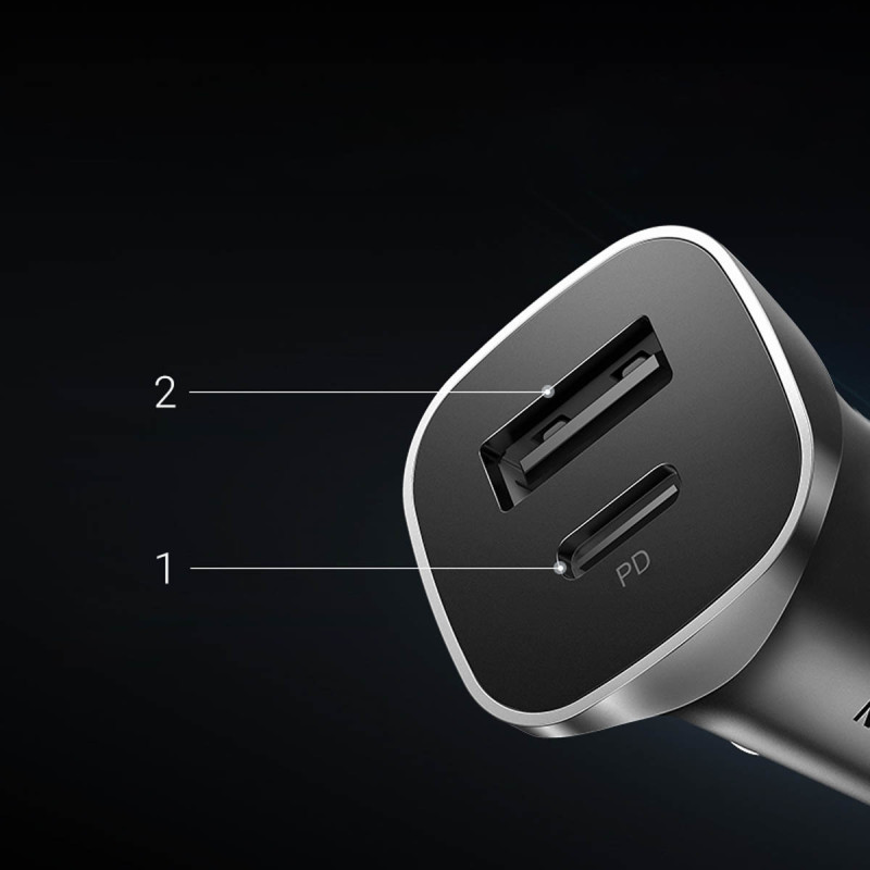 Greitas USB-A ir USB-C 30W PD PPS automobilinis įkroviklis – pilkas