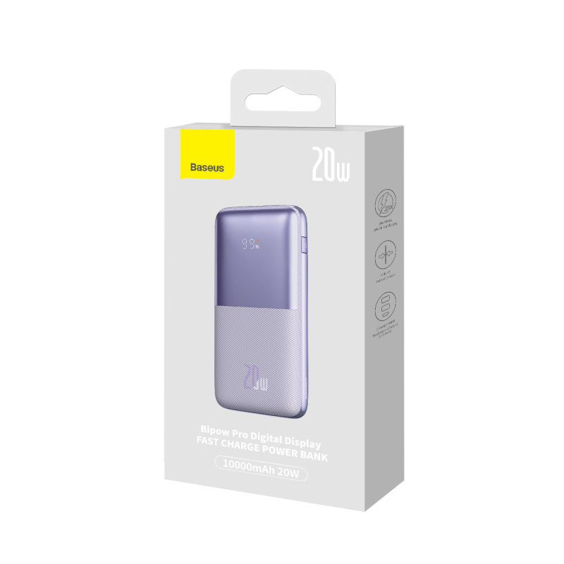 Powerbank Bipow Pro 10000mAh 20W su USB-C 3A 0,3m kabeliu violetinė