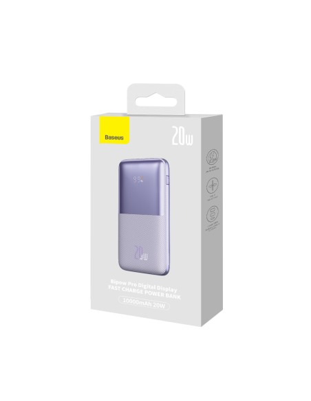 Powerbank Bipow Pro 10000mAh 20W su USB-C 3A 0,3m kabeliu violetinė