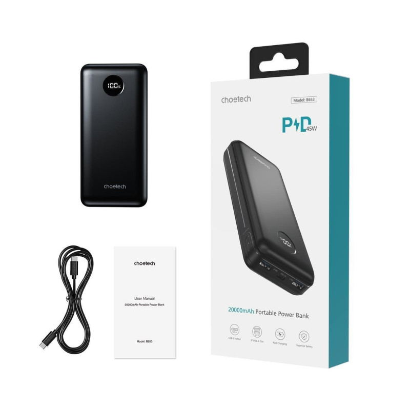 Lengvas maitinimo blokas 20000mAh PD 45W 2x USB 1x USB-C - juodas