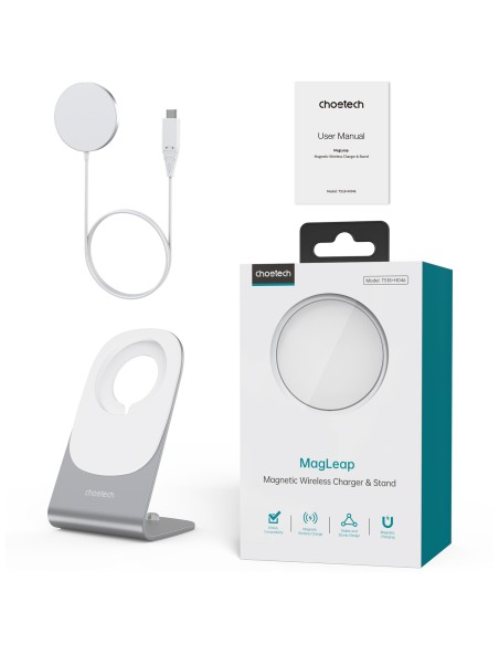 
15W Qi indukcinis įkroviklis su MagSafe + magnetinis telefono stovas - baltas
