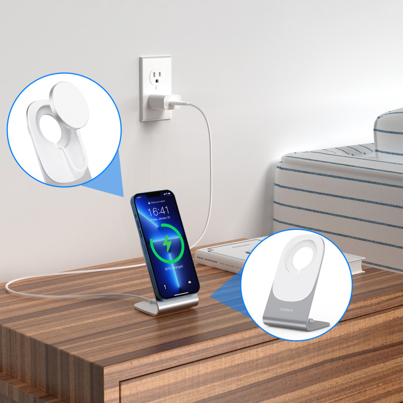 
15W Qi indukcinis įkroviklis su MagSafe + magnetinis telefono stovas - baltas
