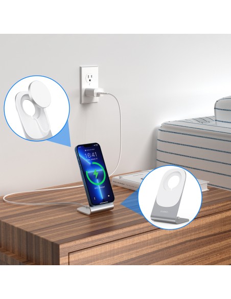 
15W Qi indukcinis įkroviklis su MagSafe + magnetinis telefono stovas - baltas
