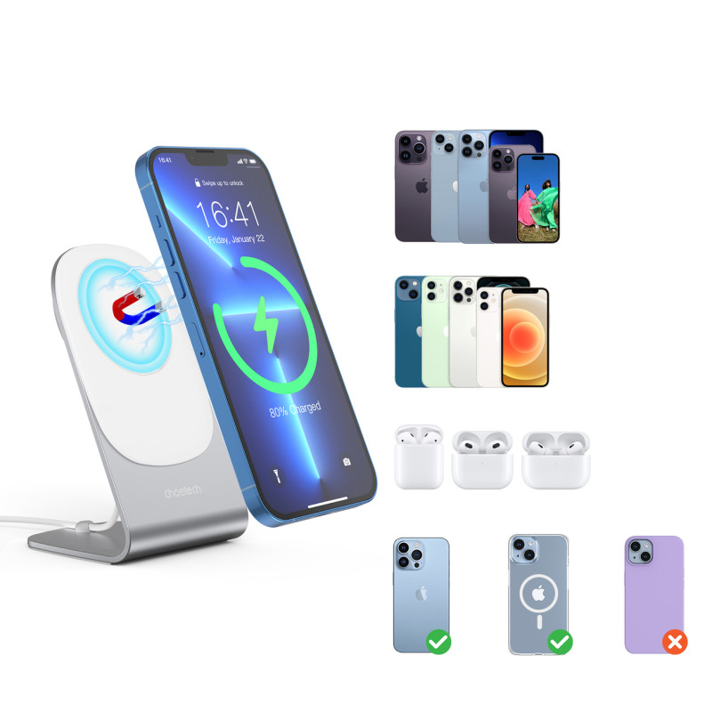 
15W Qi indukcinis įkroviklis su MagSafe + magnetinis telefono stovas - baltas
